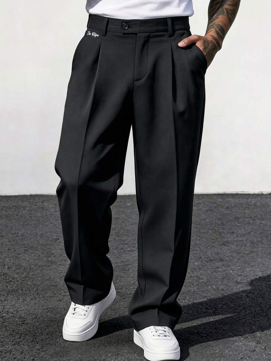 Manfinity Homme Men's Casual Button Pocket Business Trousers For Office - Black - View 1