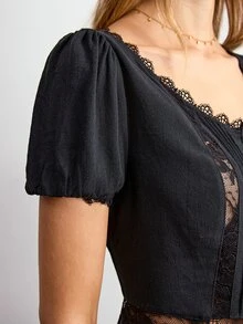 Willow Rêve Women's Black Lace Patchwork Round Neck Button-Down Short Sleeve Blouse - Black - View 5