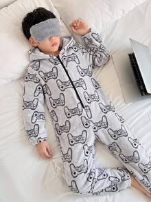 SHEIN Little Byeori 法蘭絨連身褲童裝大童男童休閒居家遊戲機圖案保暖內裡加厚連身褲，適合秋冬、學校、家庭聚會、度假、派對，秋季穿搭、冬季穿搭，男童童裝 - 彩色 - 查看 1
