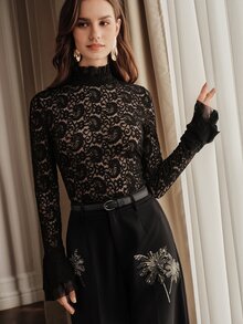 Anewsta Elegant Fashionable Lace Bell Sleeve Women's Blouse For Autumn/Winter, Suitable For Outings, Dates, Parties And Weddings - Black - View 2