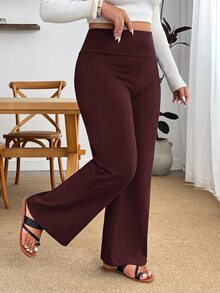 SHEIN PETITE CURVE 大尺碼女款純色休閒百搭日常穿著長褲 秋季早午餐度假黑色 - 紅木色 - 查看 8