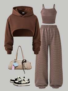 SHEIN Girls' Simple Casual Daily Knit Sports Cover Up, Striped Tank Top And Striped Sports Pants, Autumn, Winter - Brown - View 4