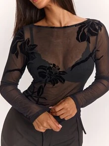 SHEIN BAE 女款休閒長袖網紗天鵝絨提花黑色上衣 T-shirt，適合日常穿著、休閒穿著、萬聖節，黑色天鵝絨上衣 - 黑色 - 查看 8