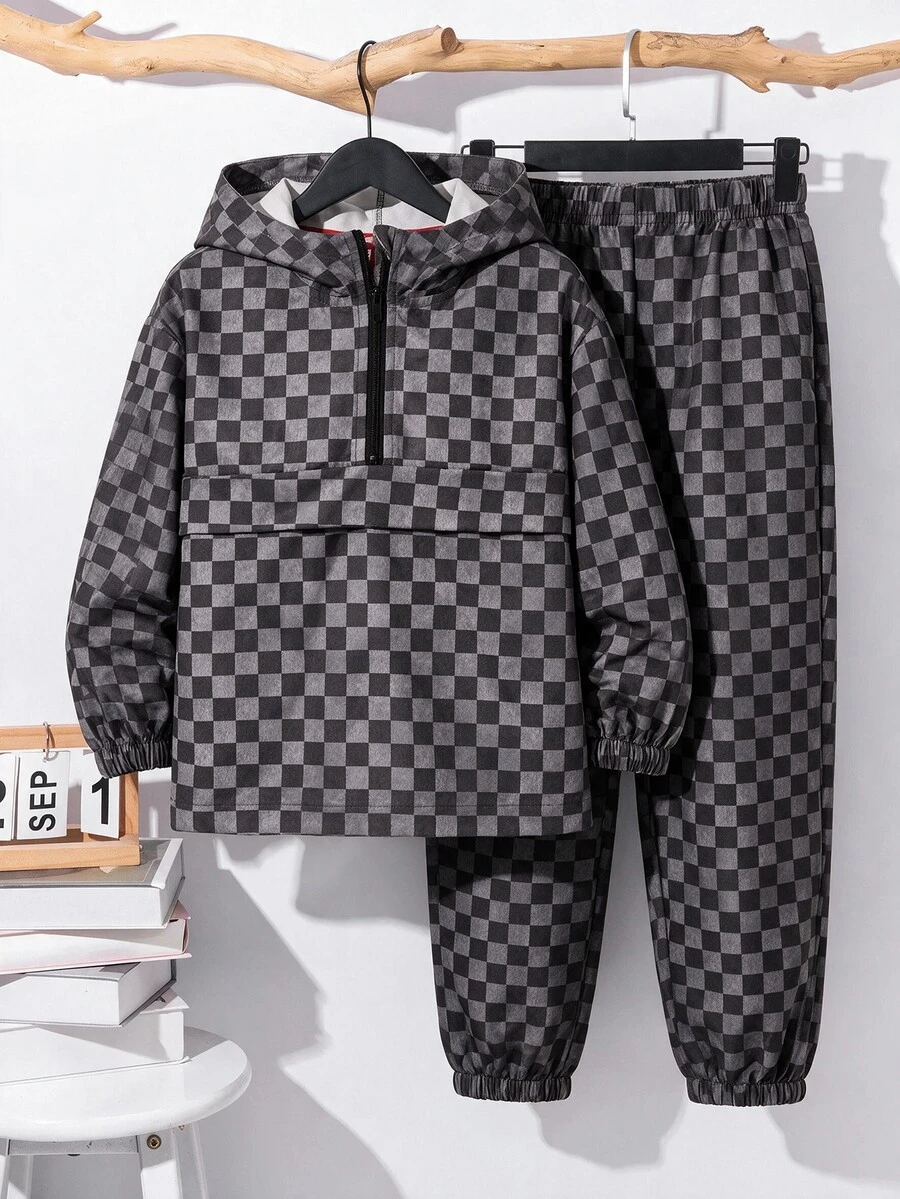 SHEIN 2件組兒童小男孩休閒日常百搭舒適拼接連帽半拉鍊套頭寬鬆長袖外套與寬鬆慢跑褲梭織套裝,適合學校、花園、海灘、生日 - 彩色 - 查看 1