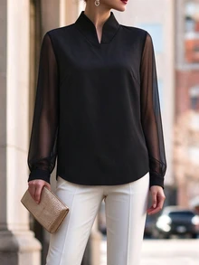 Omancia Women's Small Stand Collar Mesh Patchwork Sleeve Design Urban Commute Office Elegant Elegant Versatile Solid Color Blouse - Black - View 4