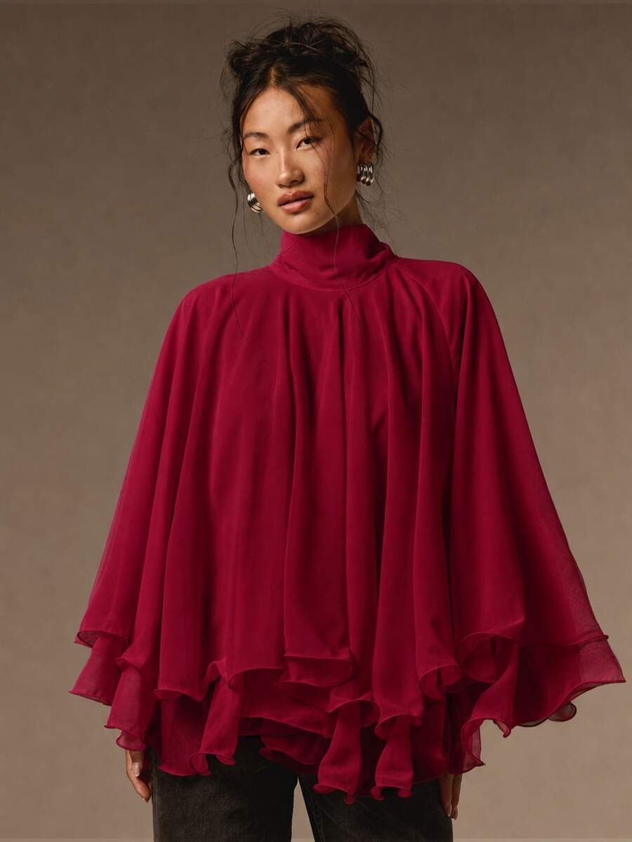 COSMINA 女款休閒法式優雅百褶雪紡上衣,適合約會、晚餐、茶會與教師節,奶油白色秋季外出上衣,荷葉邊上衣 - 酒紅色 - 查看 1