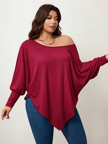 Enliva Plus Size Women's Burgundy Autumn Smart Casual Batwing Sleeve Asymmetrical Hem Loose T-Shirt,Everyday Solid Color Top Compatible With Apple & Rounded Fall - Burgundy - View 5