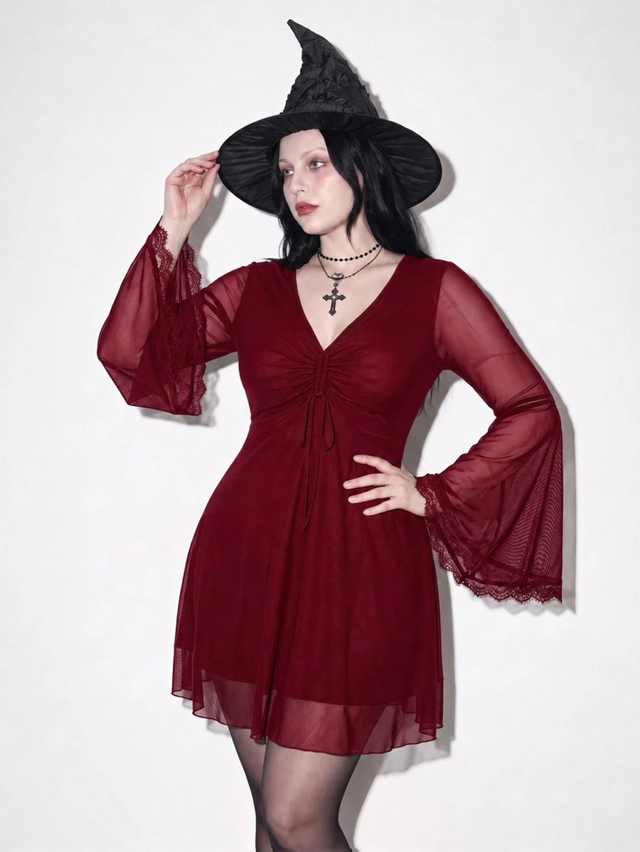 SHEIN ICON 大尺碼 Y2K 復古哥德風喇叭袖網紗 V 領洋裝,萬聖節洋裝,哥德風秋季洋裝 - 酒紅色 - 查看 1