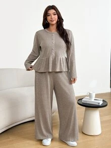 Shapeblank Women's Plus-Size Apricot Two Pieces Set: Stylish, Casual, Stretchy, And Warm Smock-Style Top & Wide-Leg Pants (Autumn/Winter),Fall Outfits,Winter Set - Khaki - View 1