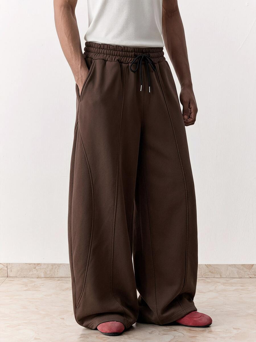 EASEVO Men's Summer Casual Loose Fit Sweatpants Plus Size Grey Solid Color Patchwork Elastic Waist - Coffee Brown - View 1
