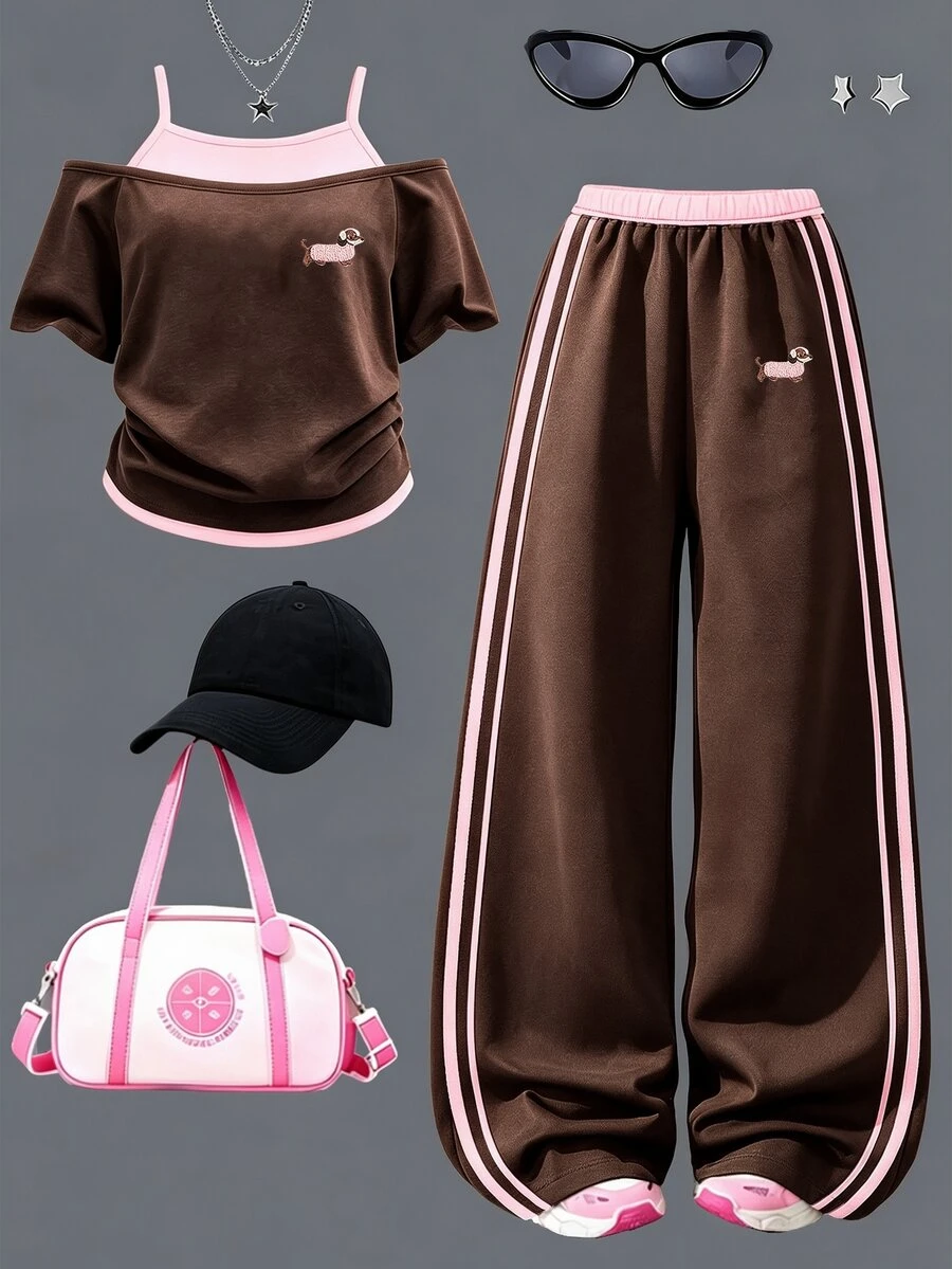 青少年女孩卡通狗刺繡上衣、背心與寬腿褲套裝,海軍藍粉色運動條紋(3件組)秋冬款 - 彩色 - 查看 1