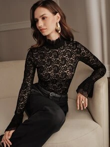 Anewsta Elegant Fashionable Lace Bell Sleeve Women's Blouse For Autumn/Winter, Suitable For Outings, Dates, Parties And Weddings - Black - View 3