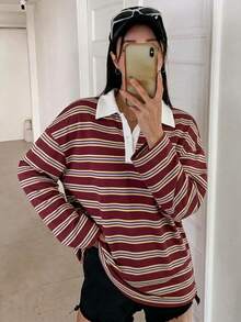 DAZY 女款條紋寬鬆版型半開襟鈕扣長袖T恤圖案印花可愛上衣大尺寸T恤 - 酒紅色 - 查看 1