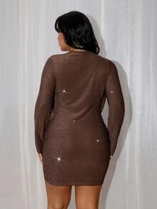 Rustia Đầm bodycon ôm sát tay dài cổ đổ phong cách gợi cảm size lớn - màu nâu - Xem 2