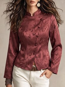 SHEIN Women's Dark Jacquard Stand Collar Asymmetric Front Waist-Cinching Ruffle Hem Long Sleeve Short Jacket - Brown - View 1