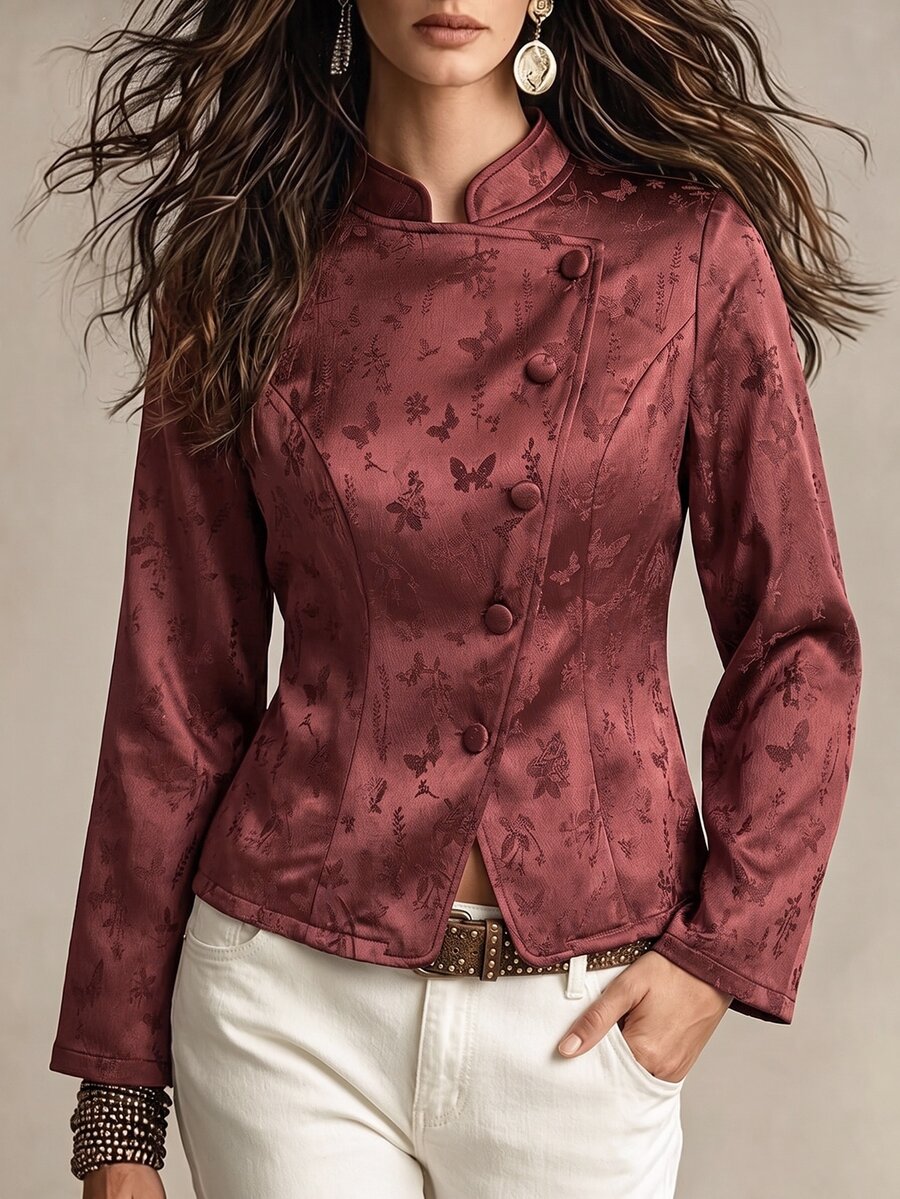 SHEIN Women's Dark Jacquard Stand Collar Asymmetric Front Waist-Cinching Ruffle Hem Long Sleeve Short Jacket - Brown - View 1