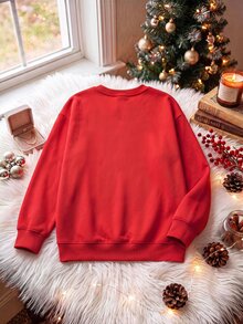 SHEIN EZwear 秋季新款聖誕老人印花圖案圓領長袖寬鬆加厚女款衛衣，適合假期、秋季上衣，適用於日常通勤、約會、聚會，秋冬春夏、聖誕節、新年、感恩節、派對、新年 - 紅色 - 查看 4