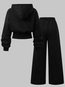 SHEIN 2件組青少年女孩灰色花卉連帽拉鍊開襟衫，寬落肩、羅紋腰部，時尚休閒獨特設計運動衫，搭配舒適寬鬆寬腿長褲，休閒運動學院風套裝，適合戶外、室內、運動、派對、學校及任何場合，春/秋/冬 - 黑色 - 查看 2