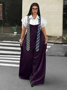 Mawevolt Plus Size Fashion Commuter Striped Suspender Jumpsuit Fall - Purple - View 3