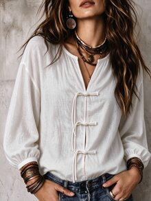 SHEIN قميص نسائي بلون موحد بأكمام طويلة وأكتاف منسدلة مع أزرار على شكل ضفدع - أبيض - مشاهدة 3