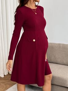 SHEIN Gaun Hamil Elegan Warna Polos Leher Bulat Lengan Panjang dengan Kancing - Burgundy - View 1