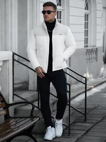 Manfinity Homme Men's Autumn/Winter Colorblock Quilted Padded Coat, Stand Collar Short Zip-Up Padded Coat, Elastic Hem And Cuffs, Suitable For Daily Outdoor Wear - Multicolor - View 6