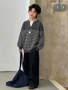 Dazy Kids 青少年男孩簡約條紋拼色長袖舒適毛衣 - 深灰色 - 查看 3
