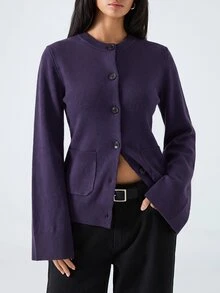 LYSMO 2025新款女款酒紅色秋季時尚日常極簡純色鈕扣開襟針織外套，休閒通勤拼接口袋毛衣，適合聖誕冬季 - 紫色 - 查看 6