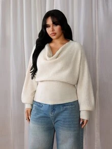 Rustia Plus Size Women Knit Sweater, Draped Cowl Neck Lantern Long Sleeve Knitted Top, Ribbed Hem Slim Fit Solid Color Elegant Fall Winter Essential - Apricot - View 4