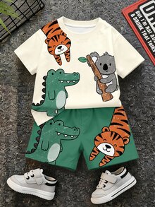 SHEIN 小男孩休閒舒適時尚極簡圓領短袖T恤與短褲套裝，經典酷炫動物園恐龍霸王龍圖案印花，適合春夏穿著 - 彩色 - 查看 1