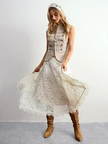 Willow Rêve Women's White Lace Asymmetrical Hem Midi Skirt - Cream - View 4