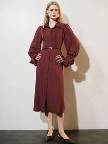 Aveloria Modichic Dress A-Line Textured Woven Organ Pleated Button Ruffle Cuff Belted Slit Elegant Burgundy Solid Shirt Dress Maxi Vintage Commuter Christmas - Rust Brown - View 3