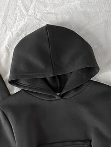 SHEIN 女童青少年女孩秋冬休閒街頭風丹寧感針織深灰色連帽衛衣＋運動長褲兩件套 - 深灰色 - 查看 4