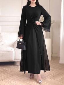 Celisse Women's Black Chiffon Asymmetrical Patchwork Muslim Dress, Elegant Commuter Style For Spring And Autumn - Black - View 7
