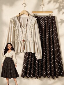 Rusticease Plus Size Women's Patchwork Ruffle Long Sleeve Blouse And Polka Dot Pattern Skirt Casual 2 Pieces Set - Brown - View 1
