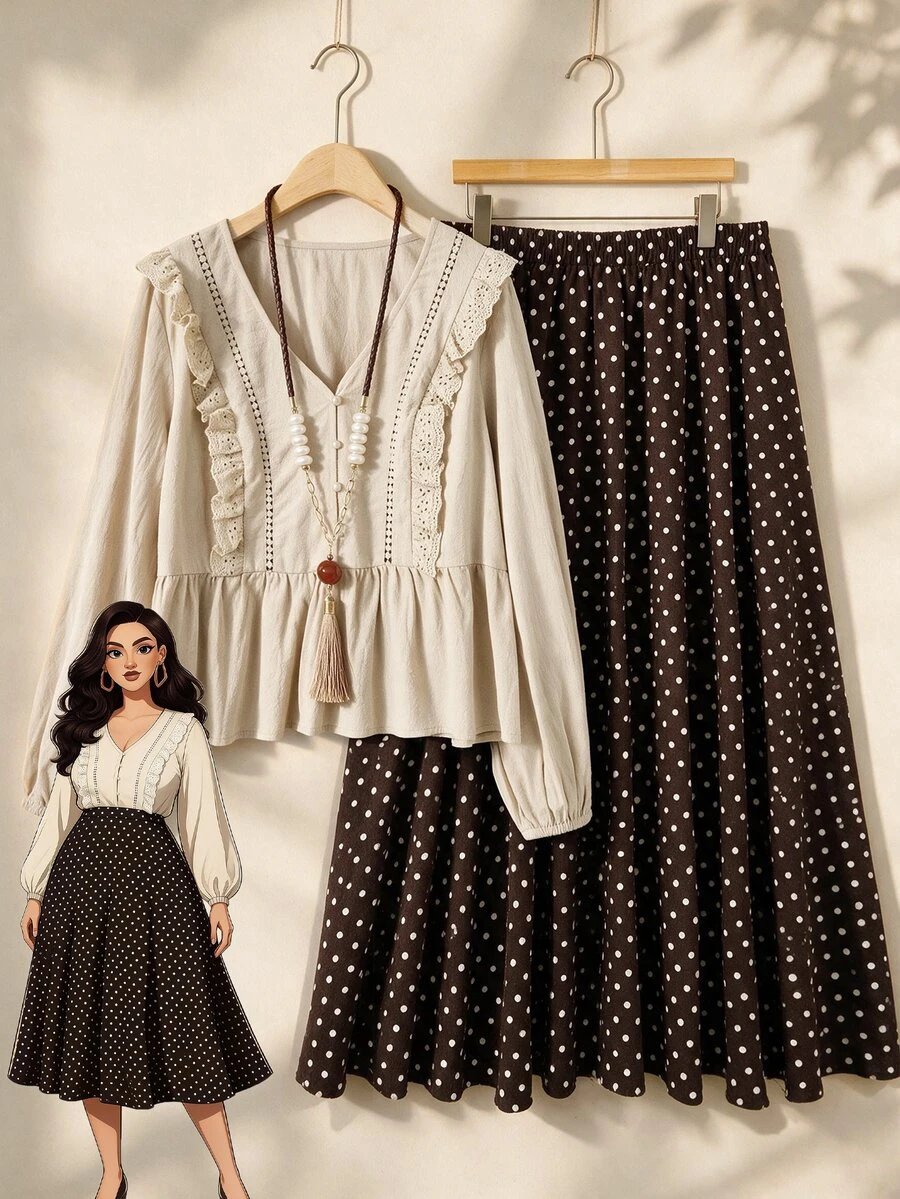Rusticease Plus Size Women's Patchwork Ruffle Long Sleeve Blouse And Polka Dot Pattern Skirt Casual 2 Pieces Set - Brown - View 1