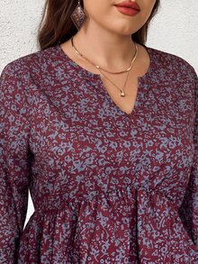 EMERY ROSE Plus Size Women's Floral Print Pleated Casual Versatile Daily Wear Blouse Fall - Burgundy - View 6