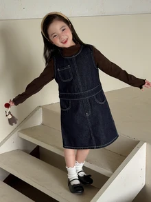 Dazy Kids Young Girl) Round Neck Contrast Stitching Sleeveless Vest Style Autumn Denim Dress - Dark Wash - View 5