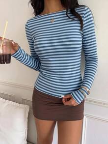 CovetEZ 女款條紋休閒日常長袖T恤 - 藏蓝色 - 查看 4