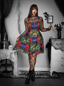 Whyspr BATMAN X SHEIN Plus Size Women's Bat Pattern Zipper Front Casual Pinafore Dress - Multicolor - View 8