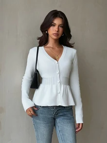 SHEIN Glamour كارديجان نسائي بلون موحد مطوي كاجوال متعدد الاستخدامات للارتداء اليومي - أبيض - مشاهدة 4