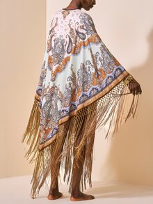 Zivah New Elegant Women's Oversized Multi-Color Printed Shawl Collar Kimono Cover Up With Tassels, Versatile For Beach, Vacation, Commute And Multiple Occasions - Multicolor - View 10