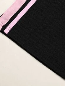 SHEIN Teen Girls Spring Autumn Brown Knitted Textured Fitted Ruched Crew Neck Pink Ribbon Trim Long Sleeve T-Shirt And Wide Leg Pants 2 Pieces Set, - Black - View 6