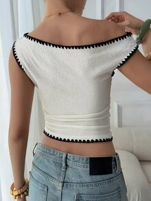 DAZY Women's Asymmetrical Shoulder Colorblock Patchwork Fitted Vacation Style Tank Top - Apricot - View 3