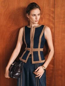 Anewsta Women's Autumn/Winter Modern Commuter Vintage Luxury Suede Contrast Patchwork Waist-Cinching Vest & Wide Leg Pants Set - Navy Blue - View 4