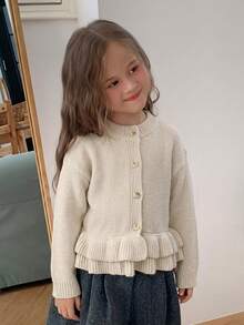Hapijoa Young Girl Fall Clothes Young Girl) Patchwork Contrast Color Ruffle Fitted Long Sleeve Round Neck Drawstring Tie Casual Cardigan - Beige - View 4