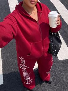 Muchica Plus Size Women's Letter Print Zip-Up Hoodie And Sweatpants Casual 2 Pieces Set - Burgundy - View 4