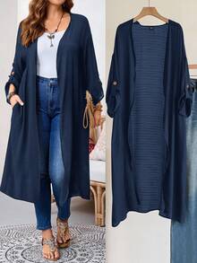SHEIN Tall CURVE 大尺碼女款秋冬辦公晚餐外出長款開襟黑色大衣，商務休閒風 - 藏蓝色 - 查看 8