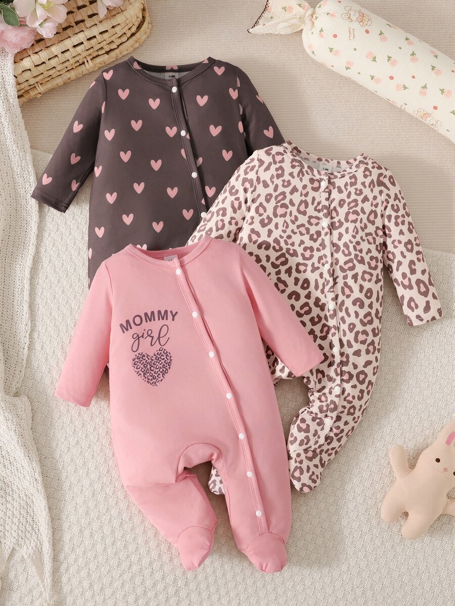 SHEIN 3 Pack Newborn Baby Girls Footed Rompers Cute Sweet Pink Brown Leopard Heart Print Bow Button Long Sleeve Regular Birthday Party Fall Holiday Princess - Dusty Pink - View 1