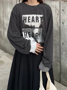 FRIFUL Women's Letter Print Drop Shoulder Long Sleeve Casual T-Shirt - Grey - View 2